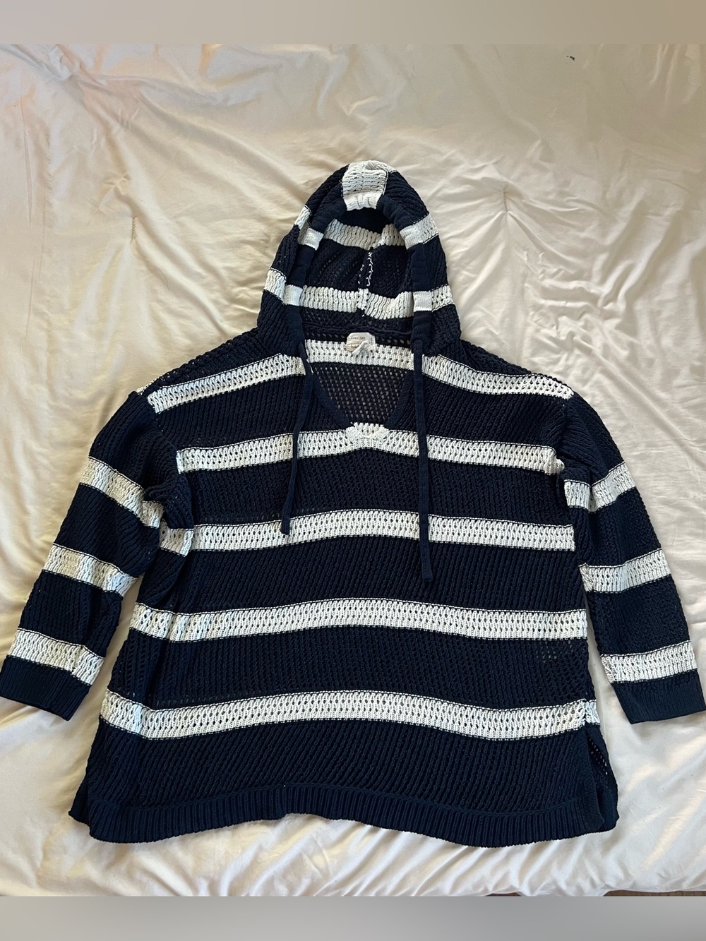 Nicole Miller Navy and White Striped Knit Hooded Sweater